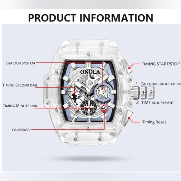 Transparent Clear Men Unisex Watch Skeleton Tonneau Hollow Fashion ONOLA Quartz - Picture 11 of 12